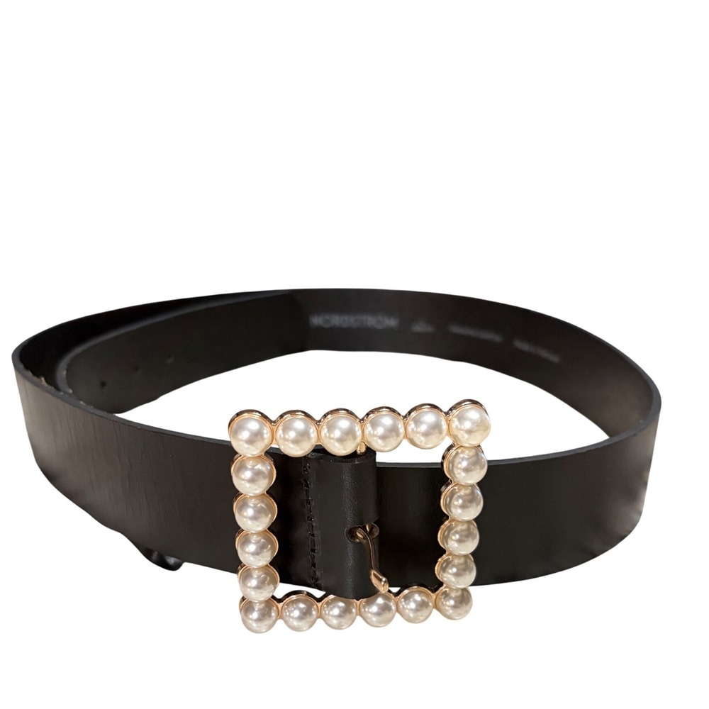 Nordstrom Black Leather Belt Women Large Pearl Square Buckle Jean Fit